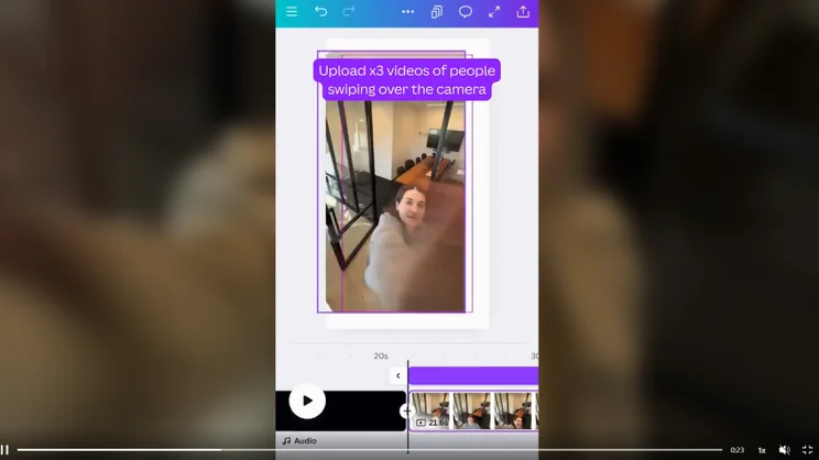 A video editing interface shows instructions to upload three videos of people swiping over the camera, set against an indoor background.
