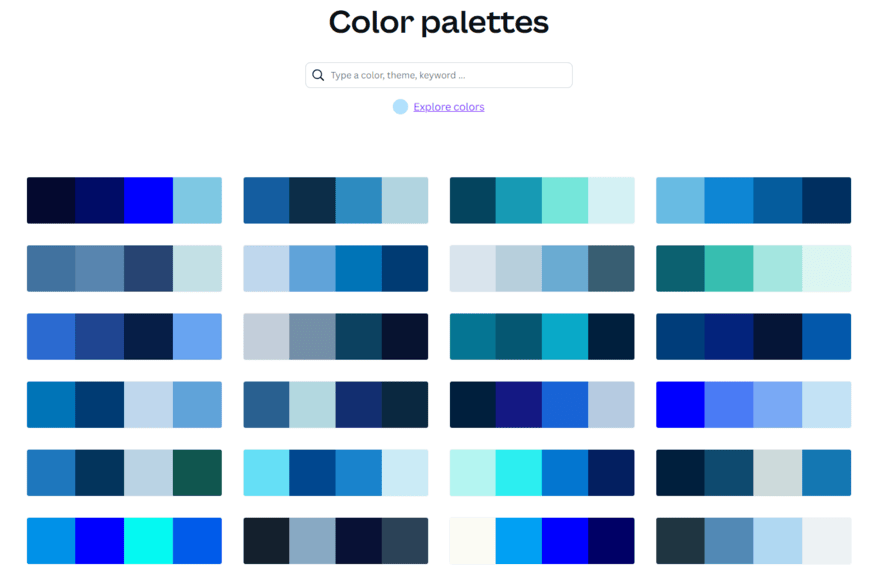 Canva color palettes Canva color scheme options for the search "blue"