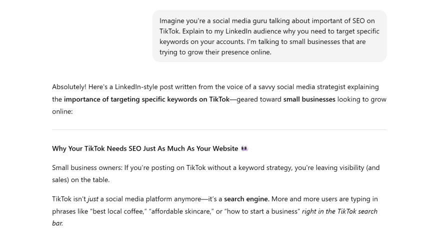 A social media strategist discusses the importance of SEO and keyword targeting for small businesses on TikTok to enhance visibility.