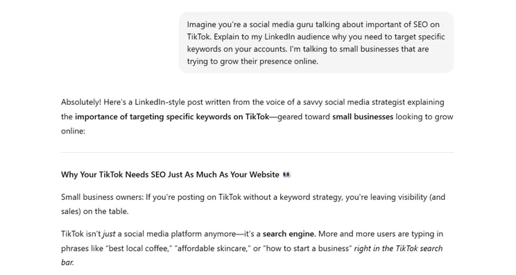 A social media strategist discusses the importance of SEO and keyword targeting for small businesses on TikTok to enhance visibility.