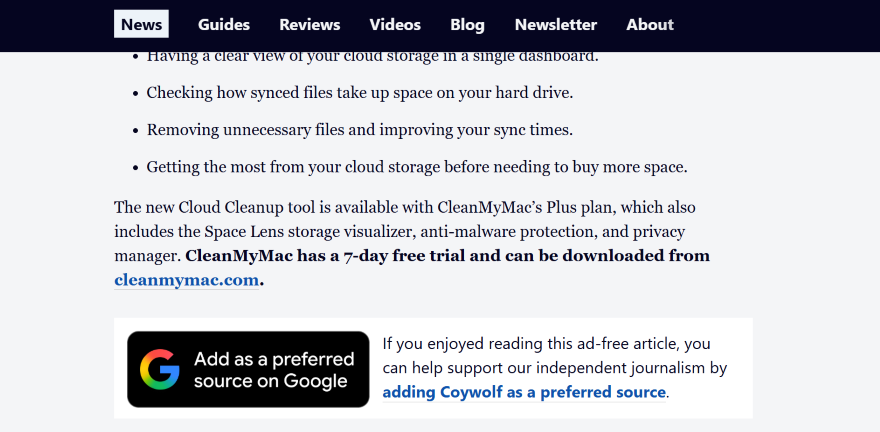 Screenshot of a website section detailing CleanMyMac's new Cloud Cleanup tool and subscription features with a Google ad below.