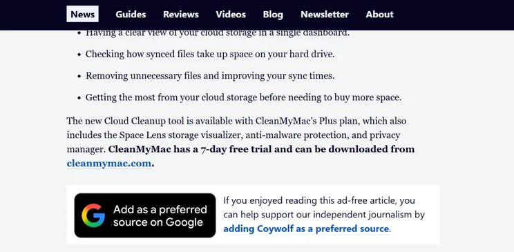 Screenshot of a website section detailing CleanMyMac's new Cloud Cleanup tool and subscription features with a Google ad below.