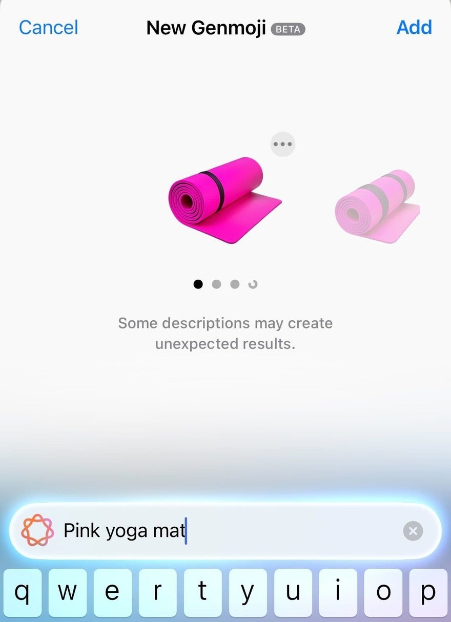 Genmoji Yoga Mat Example emoji generated from the prompt "pink yoga mat". there are multiple variations to swipe through