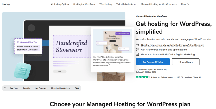 GoDaddy WordPress hosting GoDaddy WordPress hosting homepage with a button to sign up
