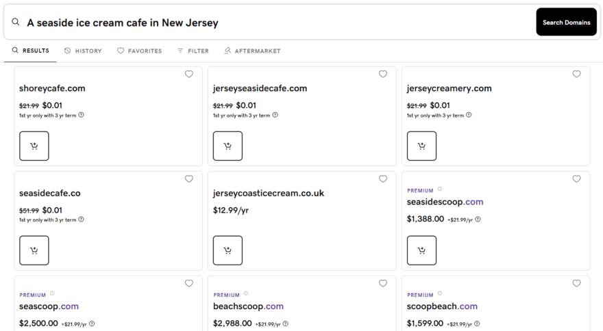 GoDaddy domain names GoDaddy domain name tool showing results and prices for an ice cream cafe