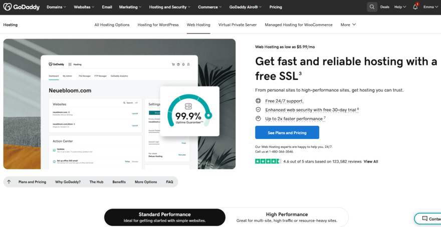 GoDaddy web hosting GoDaddy web hosting homepage with a button to sign up