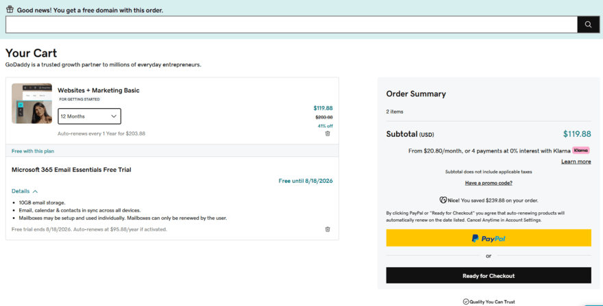 GoDaddy website builder checkout GoDaddy website builder plan at checkout