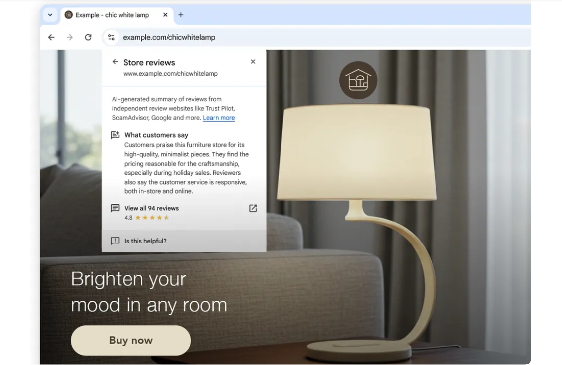 A modern white lamp on a table beside a couch, with a review summary pop-up on a web page promoting the lamp.