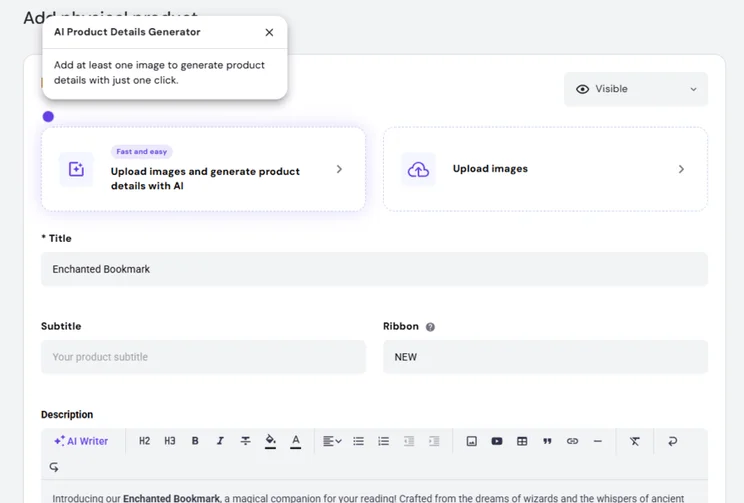 Hostinger's AI product generator tool
