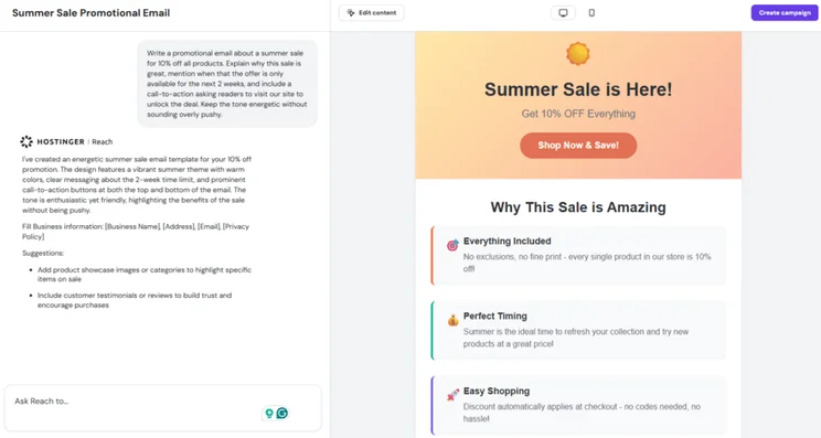 Hostinger Reach chat to create a new email template for a store sale