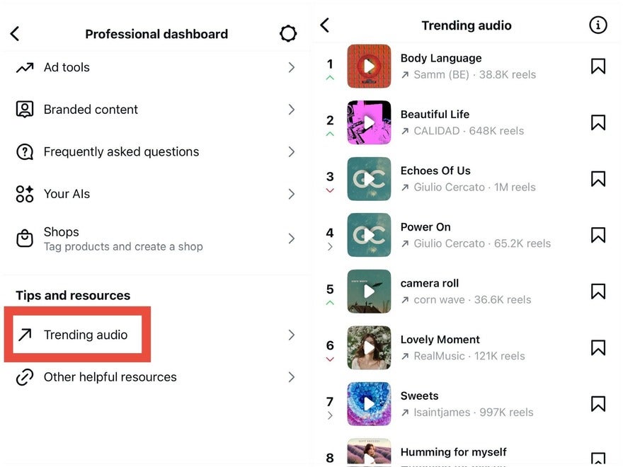 Instagram Professional Dashboard Audios