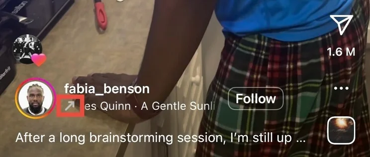red square highlighting the upwards arrow next to an Instagram Reel sound