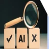 A magnifying glass rests on wooden blocks labeled with a checkmark, "AI," and an "X," symbolizing evaluation and choices in AI.
