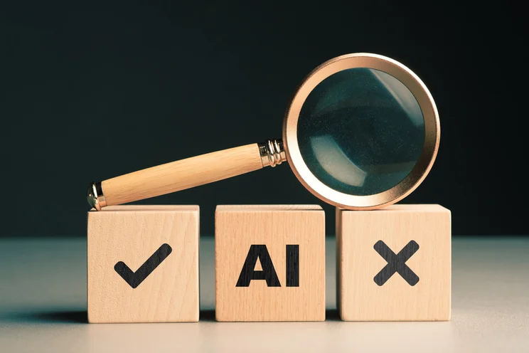 A magnifying glass rests on wooden blocks labeled with a checkmark, "AI," and an "X," symbolizing evaluation and choices in AI.