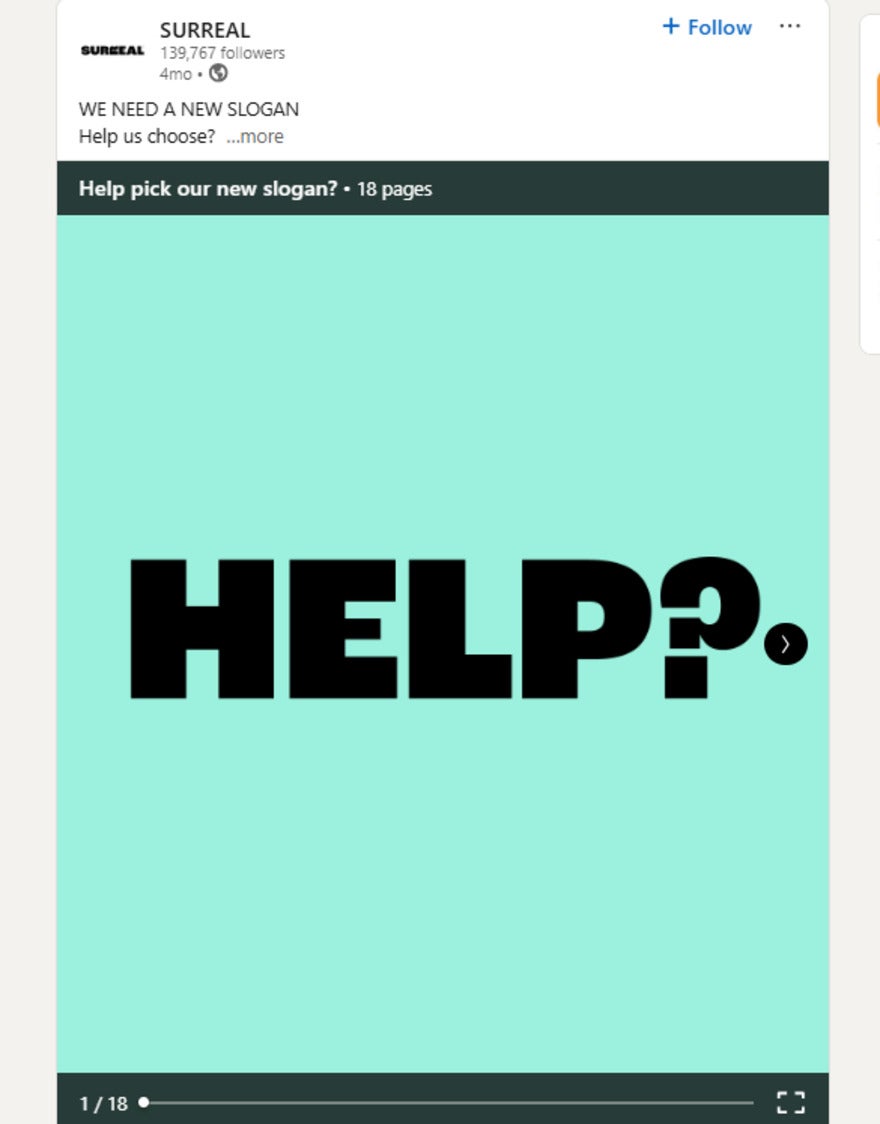 LinkedIn post of Graphic with bold text "HELP?" on a teal background, inviting followers to participate in selecting a new slogan for Surreal.