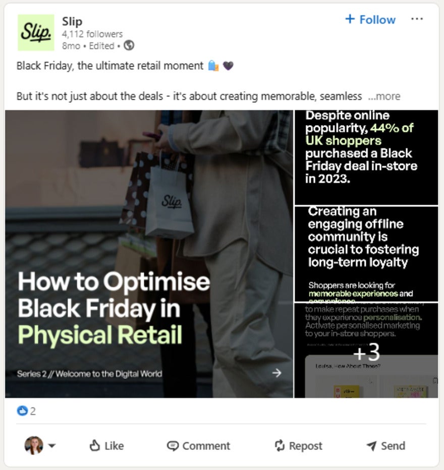 A collection of linkedin photos showing a person holding a shopping bag while walking in a retail environment, highlighting Black Friday shopping strategies. Text overlays discuss physical retail optimization.