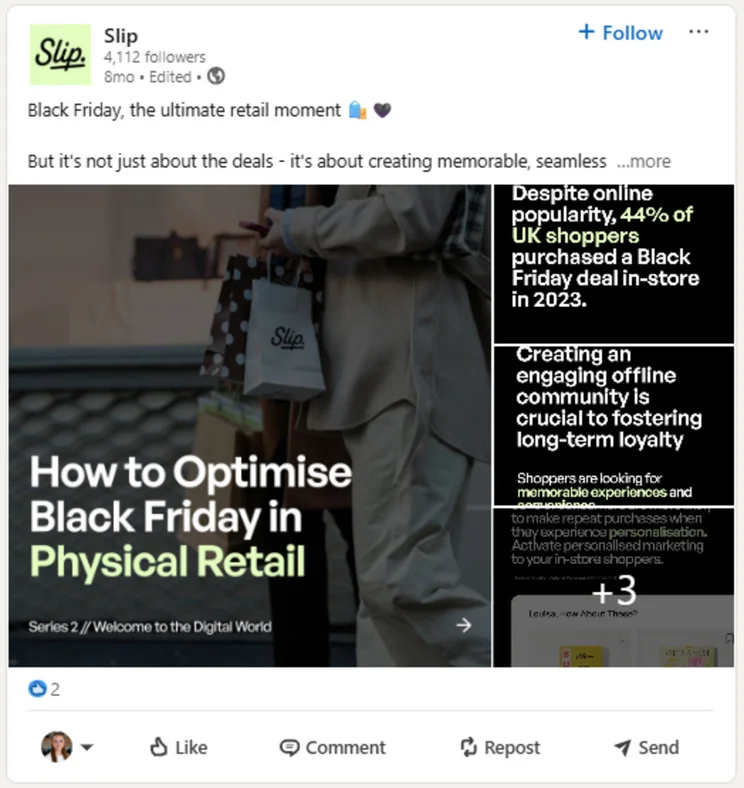 A collection of linkedin photos showing a person holding a shopping bag while walking in a retail environment, highlighting Black Friday shopping strategies. Text overlays discuss physical retail optimization.