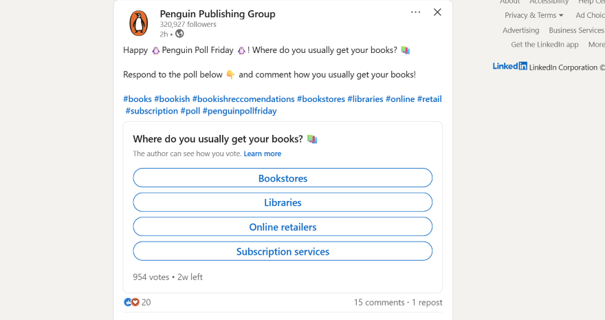 A poll post by Penguin Publishing Group asking followers where they usually get their books, featuring options for bookstores, libraries, online retailers, and subscription services.