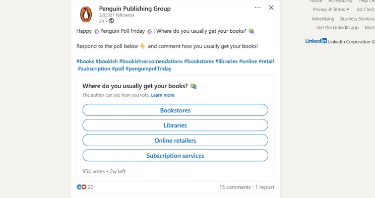 A poll post by Penguin Publishing Group asking followers where they usually get their books, featuring options for bookstores, libraries, online retailers, and subscription services.