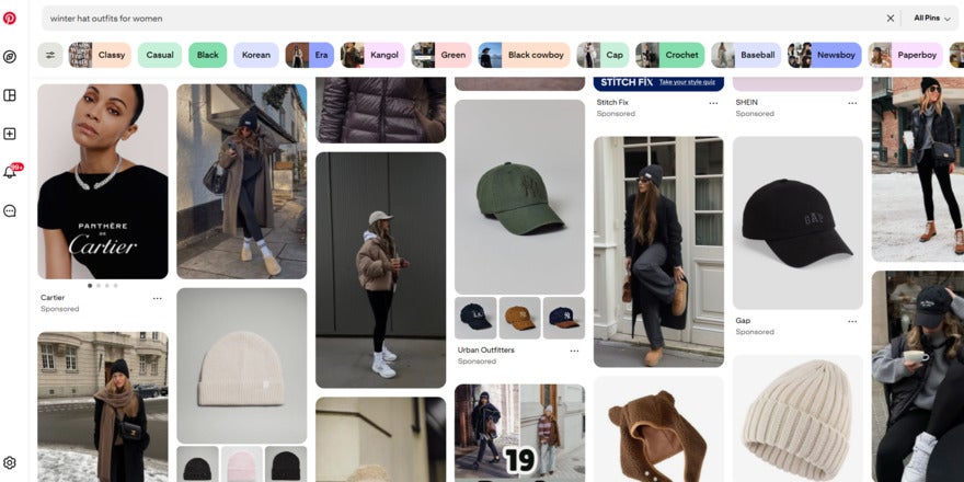 Pinterest Dashboard Ads A Pinterest search results page for winter hat outfits for women, featuring various styles of hats and casual clothing items arranged in a visually appealing layout.