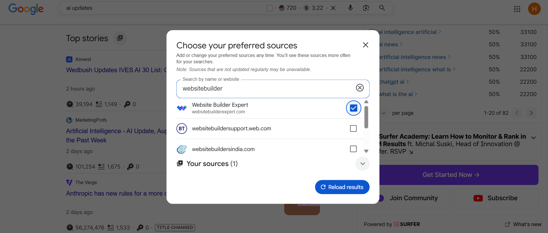 A Google search interface displays options to select preferred news sources related to AI updates, with several websites listed.