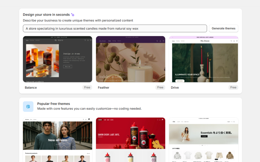 Shopify AI themes 3 AI generated templates created by Shopify for a candle store