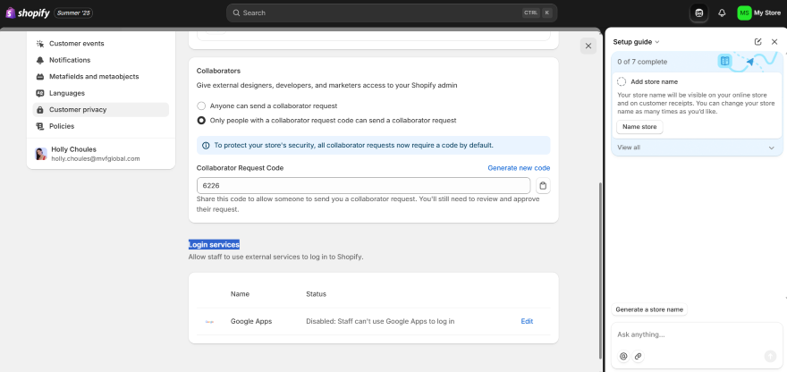 Shopify Extra Collabs Shopify admin interface showing collaborator settings, request code, and login service options, with the setup guide on the right.