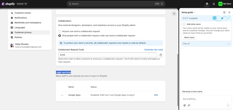 Shopify admin interface showing collaborator settings, request code, and login service options, with the setup guide on the right.