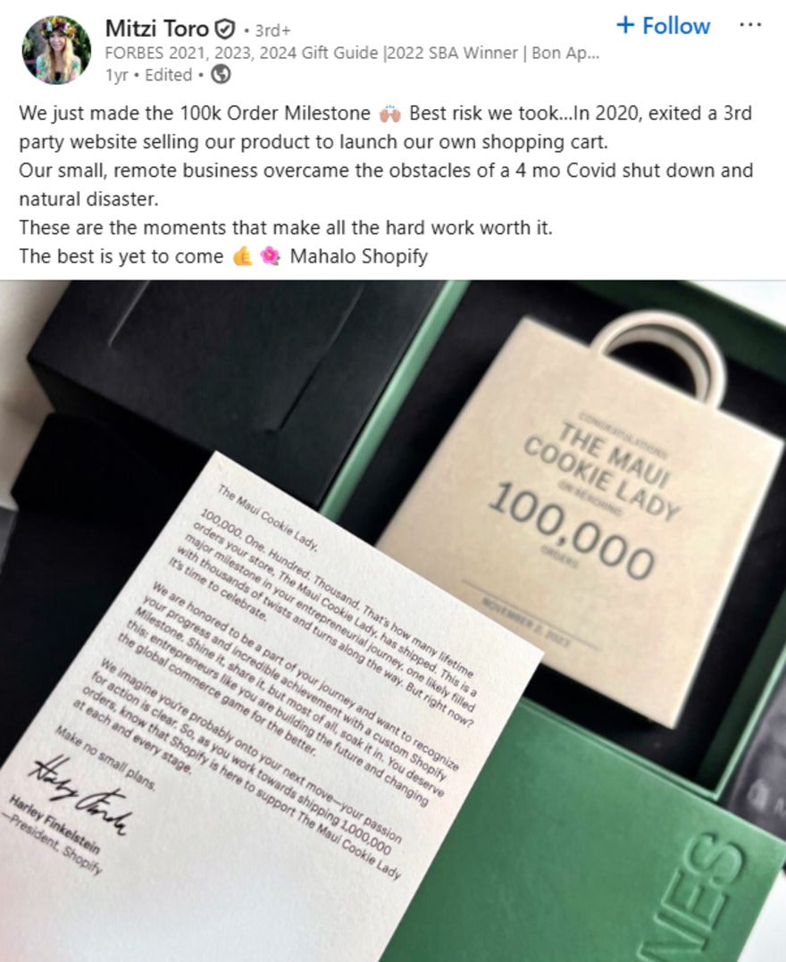Shopify Milestone Award LinkedIn Post A milestone award celebrating 100,000 orders for The Maui Cookie Lady, showcasing achievements and gratitude towards Shopify.