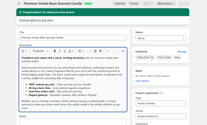 Shopify add product New product form filled out for a Shopify store