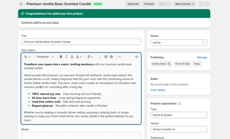 New product form filled out for a Shopify store