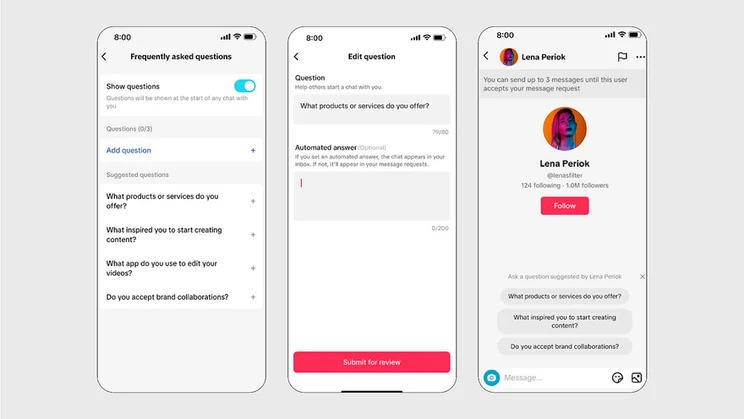three screenshots showing the process of picking questions, adding answers, and how they appear in the chat