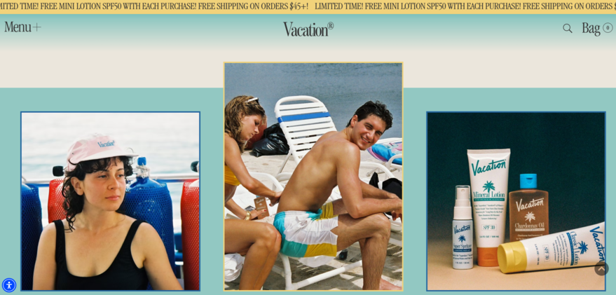 Vacation branding Vacation brand homepage with product imagery and a consistent retro design on display