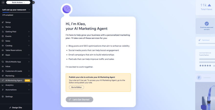 Wix AI marketing agent Wix's AI marketing agent page in the dashboard