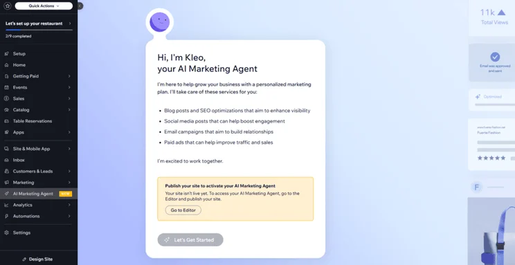 Wix's AI marketing agent page in the dashboard