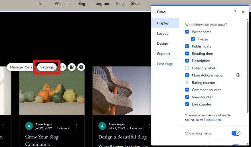 Wix Blog Settings