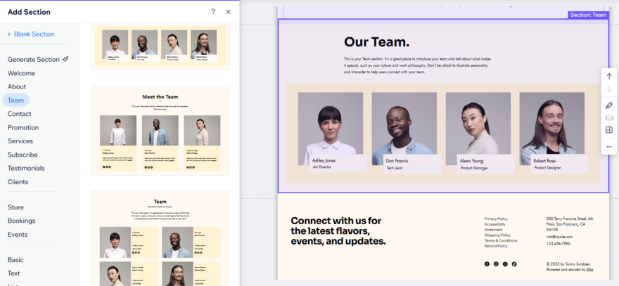 Wix about team element Team section designs in Wix's website editor