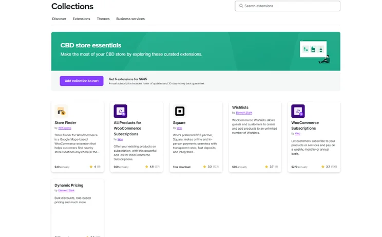 A webpage displaying curated extensions for CBD stores, featuring tools like Store Finder, Wishlists, and Subscription services.