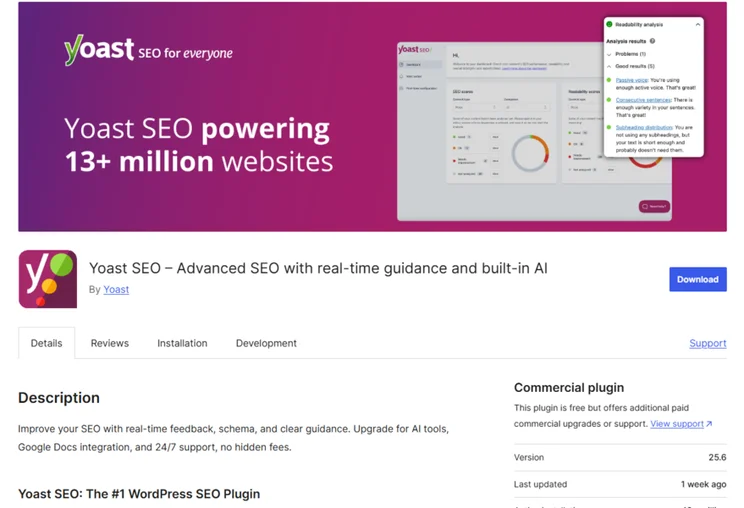 WordPress Yoast SEO plugin installation page