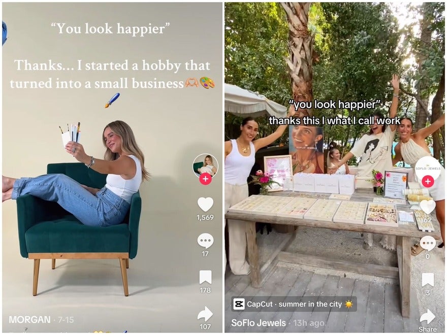 You Look Happier TikTok Trend two examples of this trend. The left shows a girl sat on an armchair holding products for a photoshoot and the right shows a team happily celebrating their pop up jewelry stand