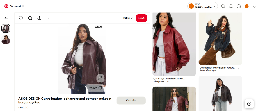 A model showcases a burgundy-red oversized bomber jacket in a stylish setting, featuring a relaxed fit and glossy leather look.