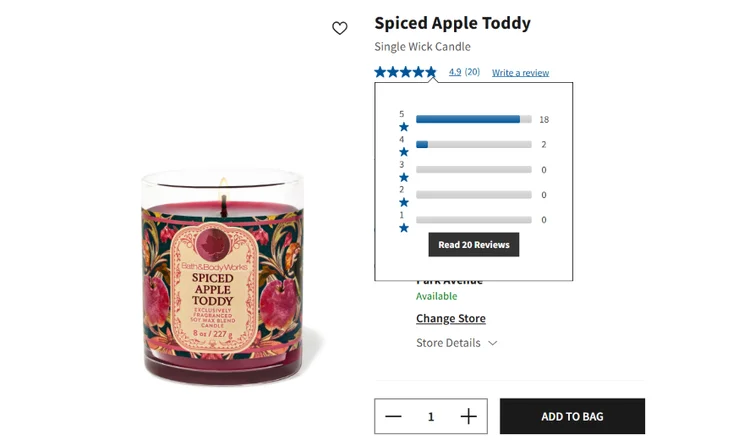 A single wick candle labeled "Spiced Apple Toddy" from Bath & Body Works, displaying a 4.9-star rating and 20 customer reviews.