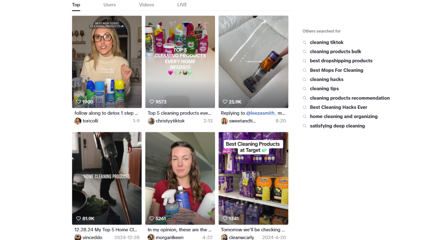 A screenshot of multiple thumbnails for TikTok's showcasing cleaning hacks.