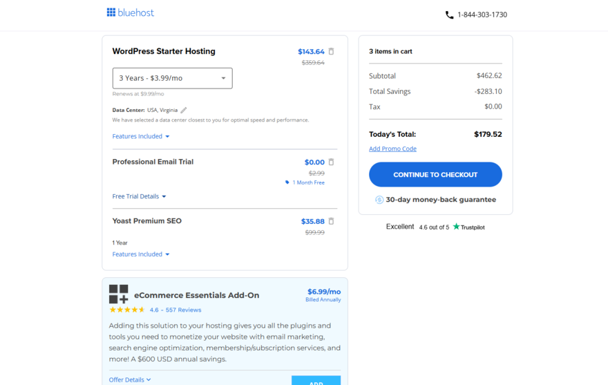 Bluehost checkout extra costs Bluehost checkout page for a shared web hosting plan with add-ons