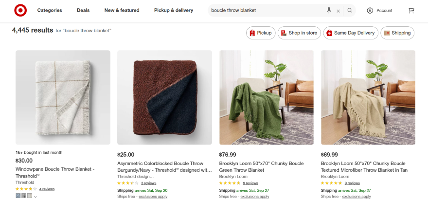 Boucle Throws Target A webpage displaying various bouclé throw blankets for sale, featuring different colors and designs, with pricing and shipping details.