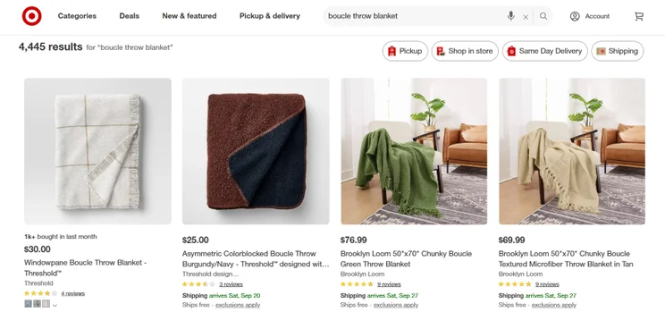 A webpage displaying various boucl&eacute; throw blankets for sale, featuring different colors and designs, with pricing and shipping details.