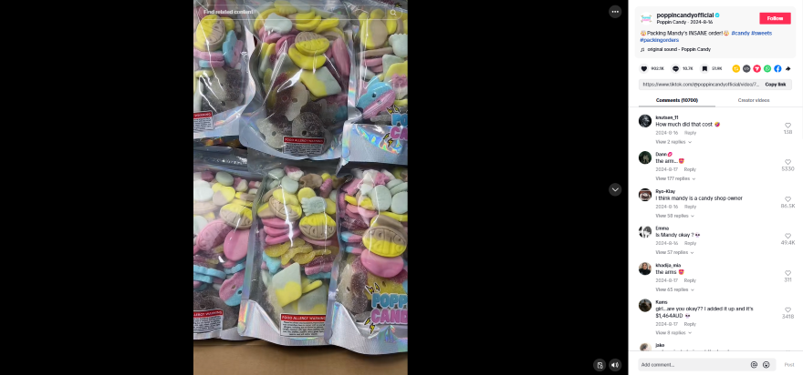 Screenshot of a TikTok video of sweet packets being bundled into a large box