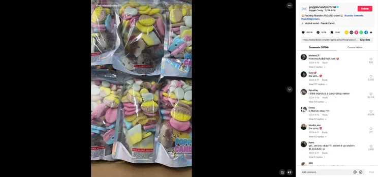Screenshot of a TikTok video of sweet packets being bundled into a large box