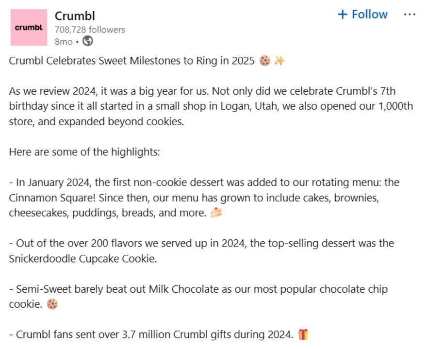 Crumbl Emojis LinkedIn Crumbl's linkedIn post with cookie, present, and cake emojis