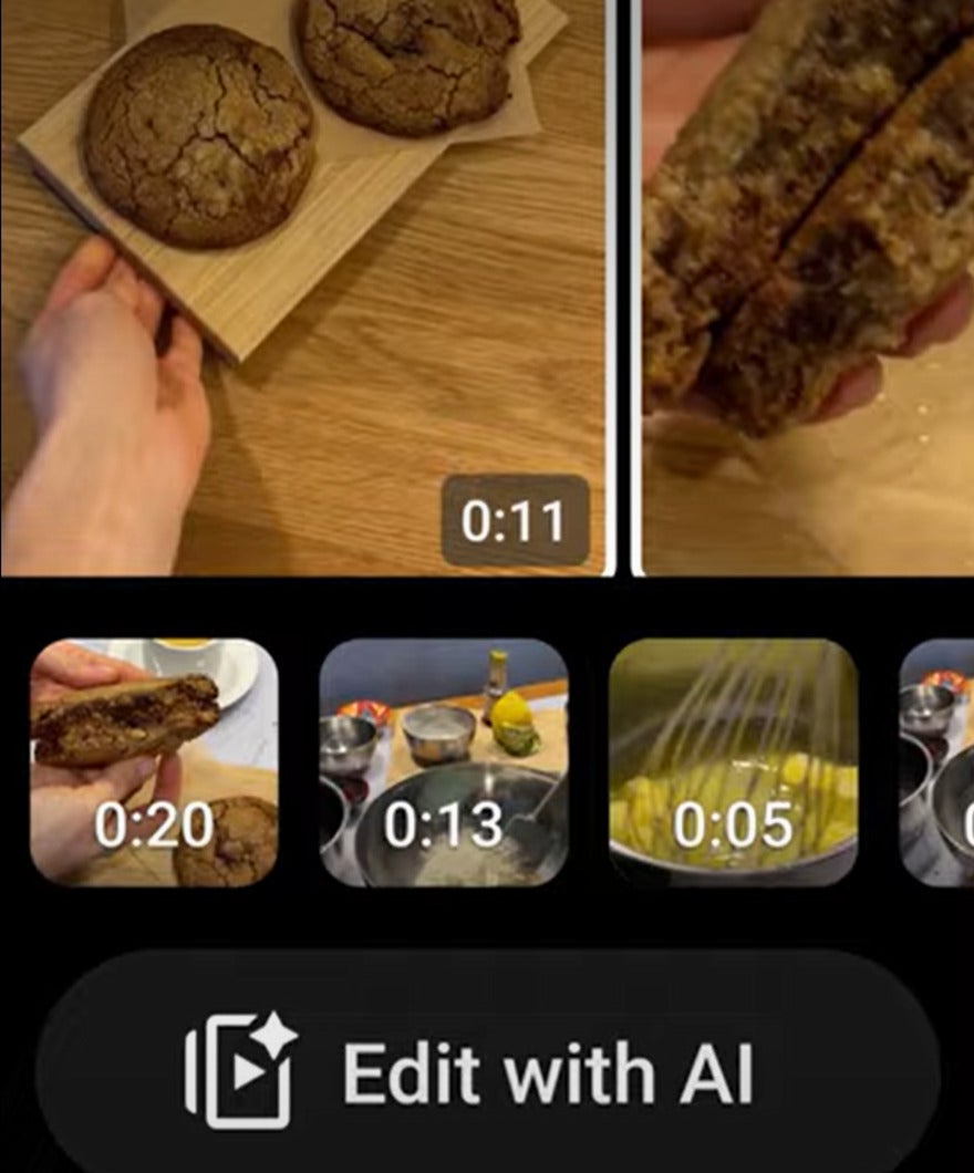 Multiple video clips selected with an "Edit with AI" button appearing below them
